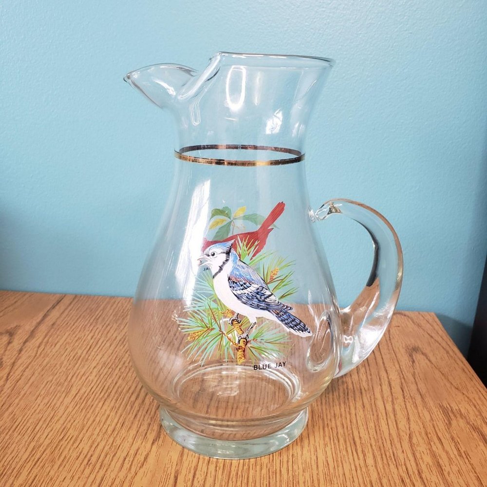 Vintage Glass Pitcher with Birds Blue Jay Cardinal